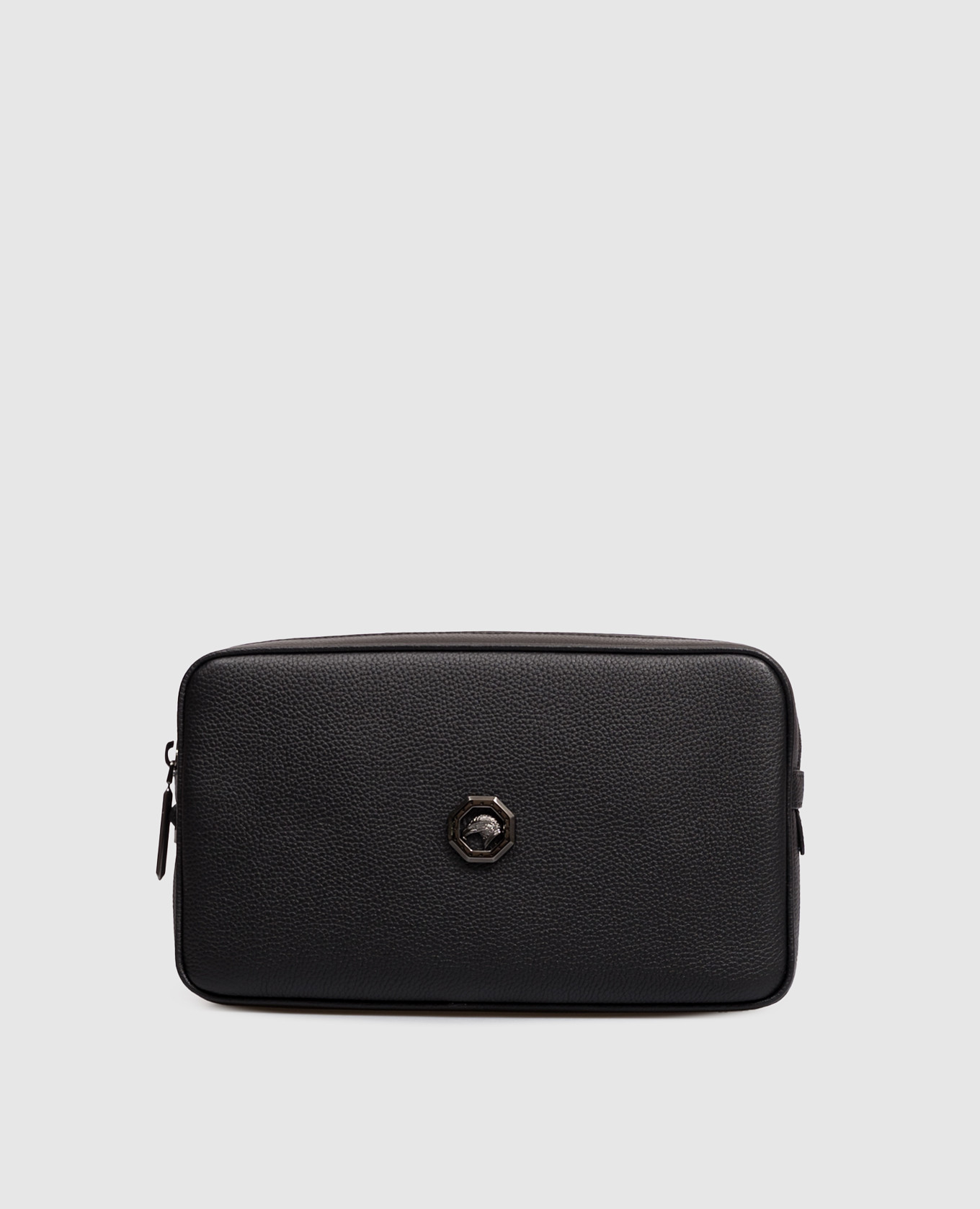 Black leather clutch with emblem
