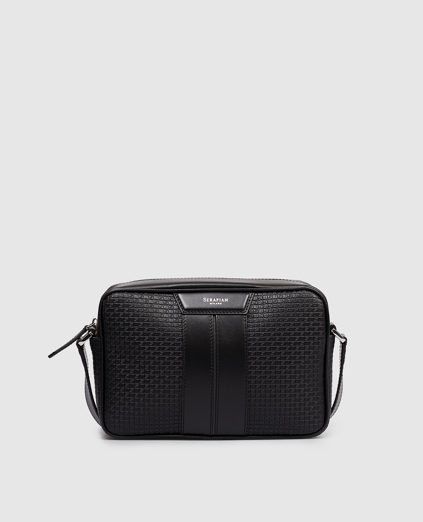 Black leather bag with logo print