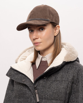 Brunello Cucinelli Brown suede cap with monil chain MCAP9F151