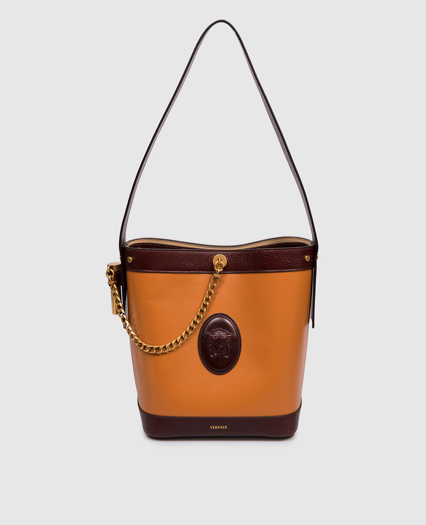 

Brown leather Pivot bucket bag Versace