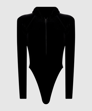 Black velour bodysuit with hood