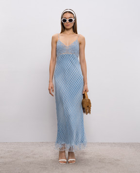 Ermanno Scervino Blue silk check dress with lace D482Q307APWIF