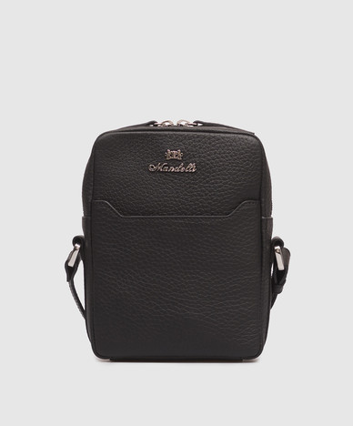 Black leather bag with textured logo