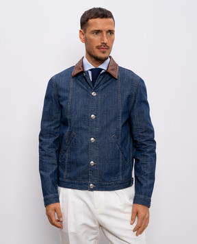 Brunello Cucinelli Blue denim jacket with leather collar MH2636914