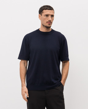 Balmain Blue merino wool T-shirt with logo GH1AL105KJ51