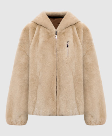 Beige reversible mink fur coat with hood