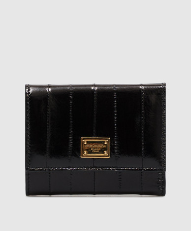 Black leather wallet with logo plate