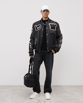 Off-White Black leather bomber jacket with logo 44MJA122C9L004