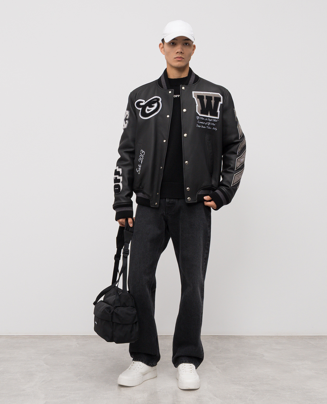 Black leather bomber jacket with logo Off-White 2