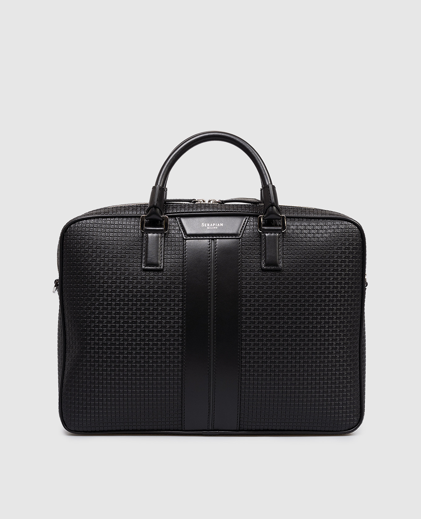 Black leather briefcase with monogram embossing