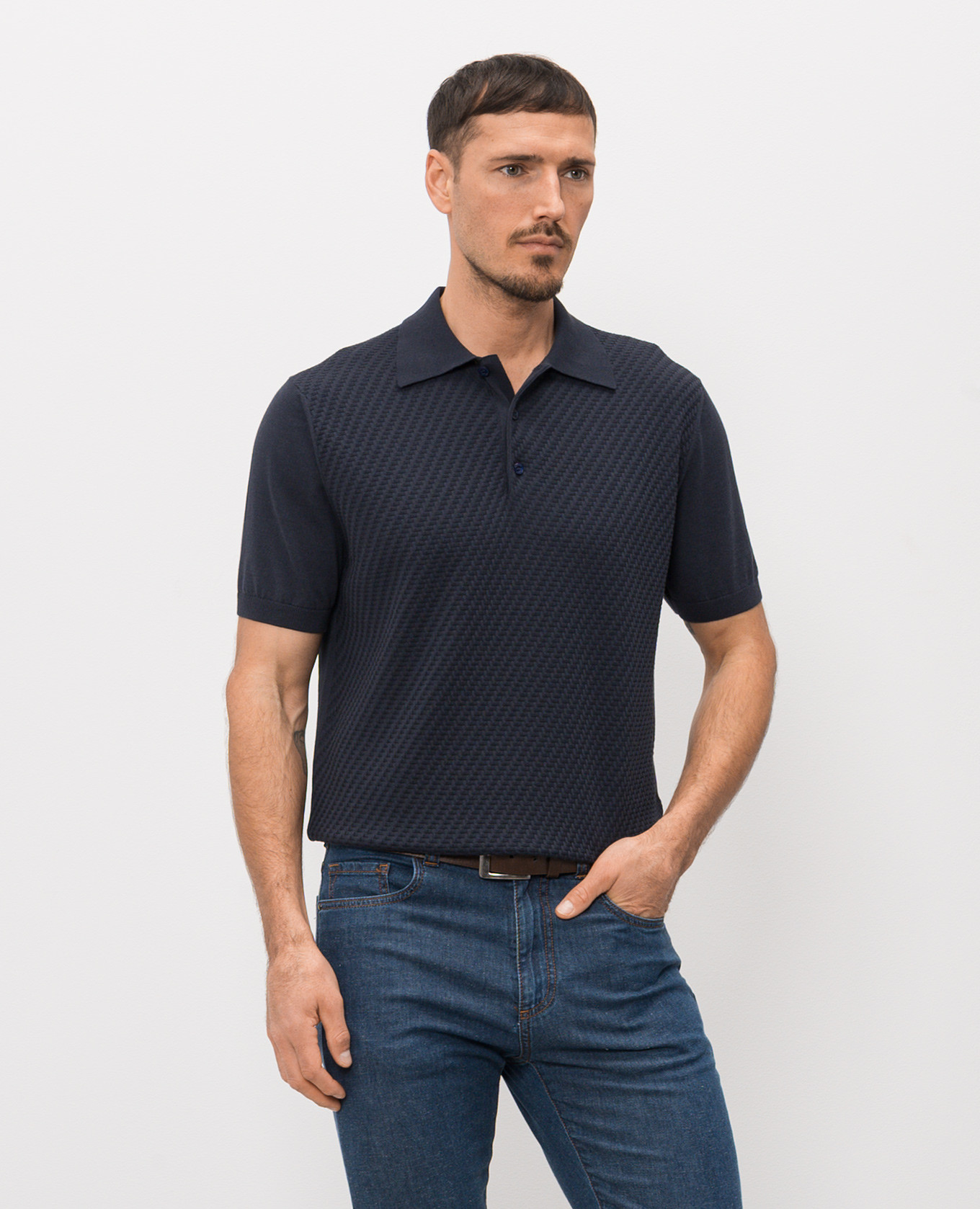 Blue polo shirt with silk in woven pattern Canali 3