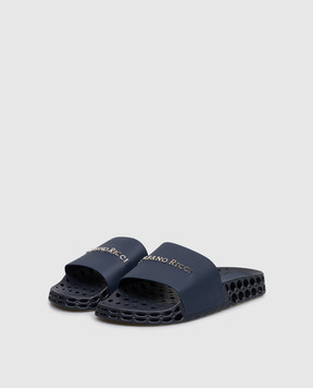 Stefano Ricci Blue leather sliders with textured logo UT50G777WY