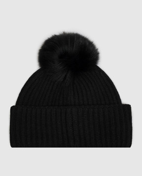Yves Salomon Black cashmere hat with fox fur pompom 23WAA524XXMACA