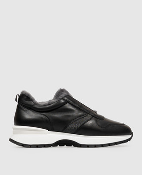 Doucal's Black leather sneakers with fur trim DD8931WHINPM872