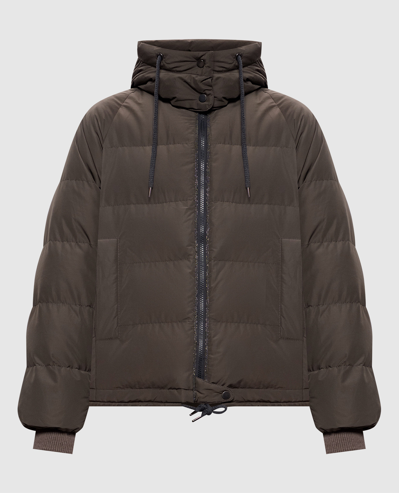 Brown quilted down jacket with monil chain
