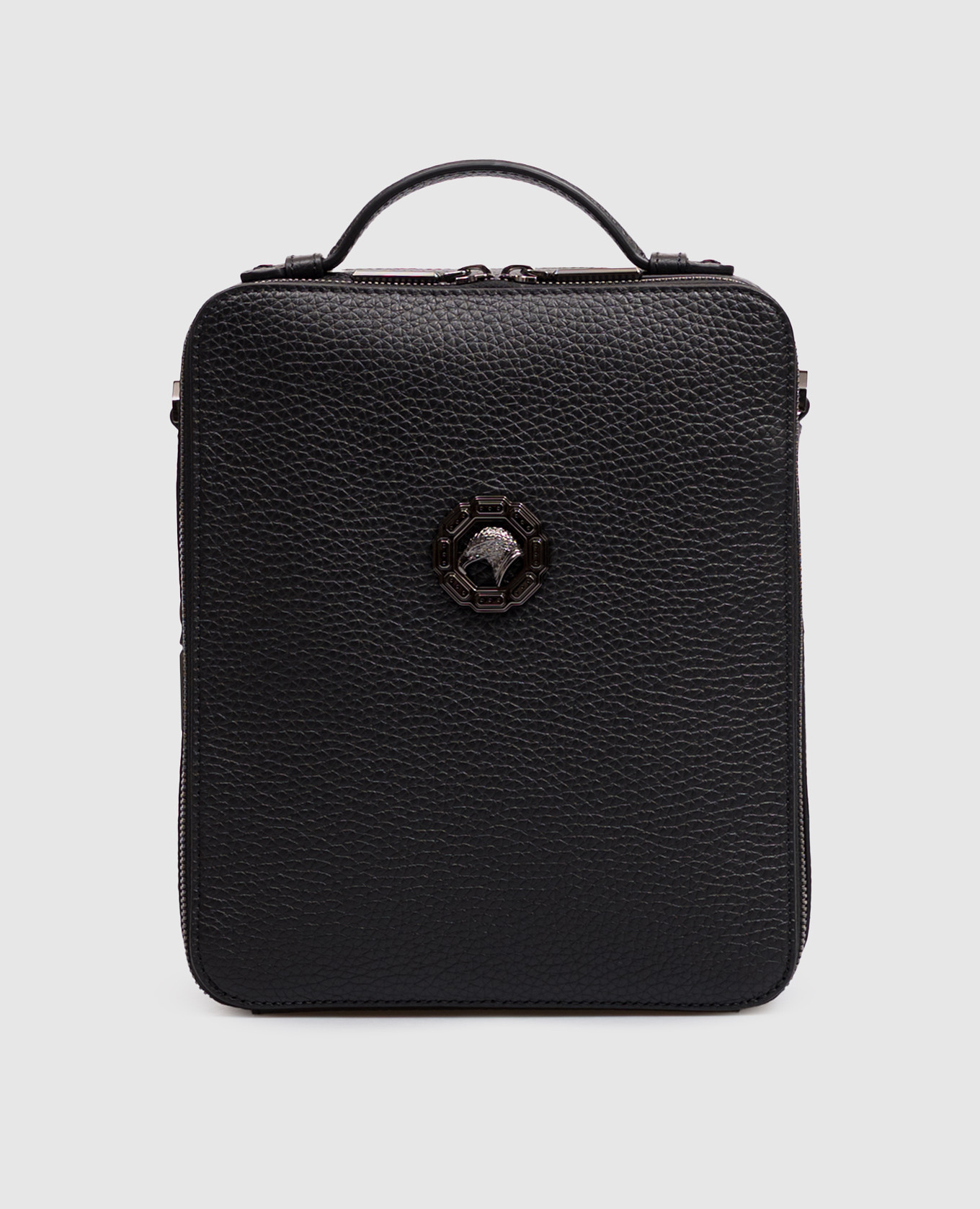 Black leather bag with emblem