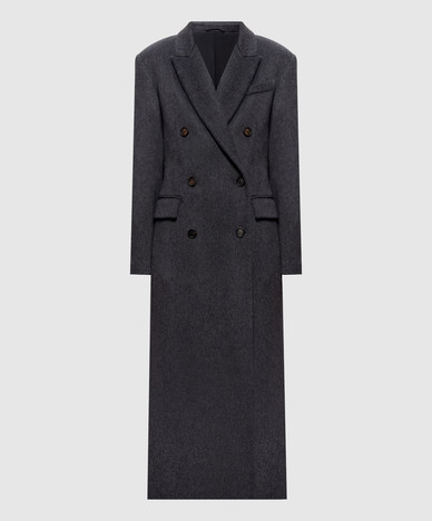 Grey double-breasted cashmere coat with monil chain