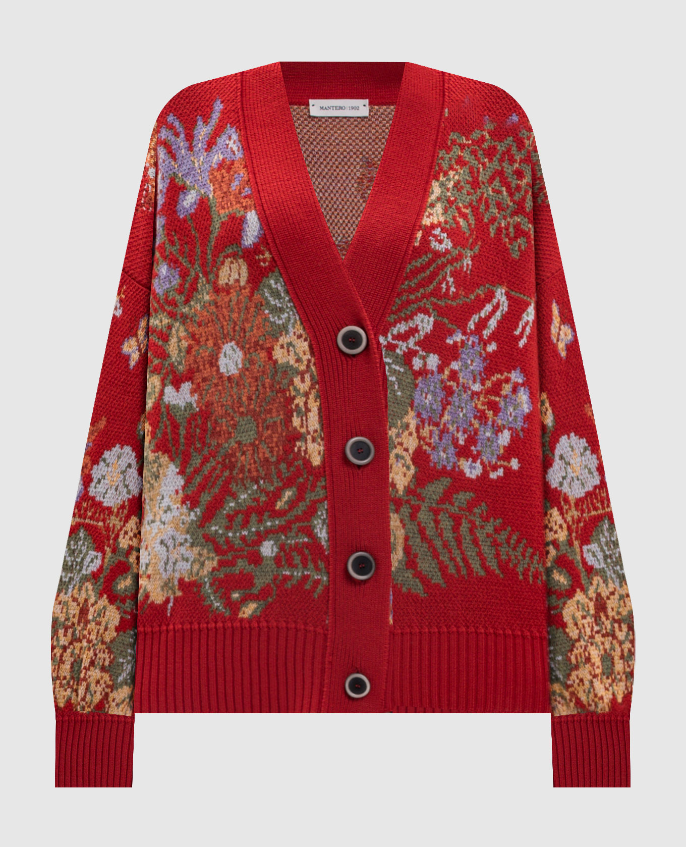 Red wool cardigan with floral pattern