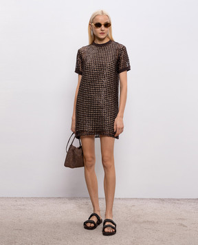 Brunello Cucinelli Brown openwork silk and linen dress with sequins MCBR11A90