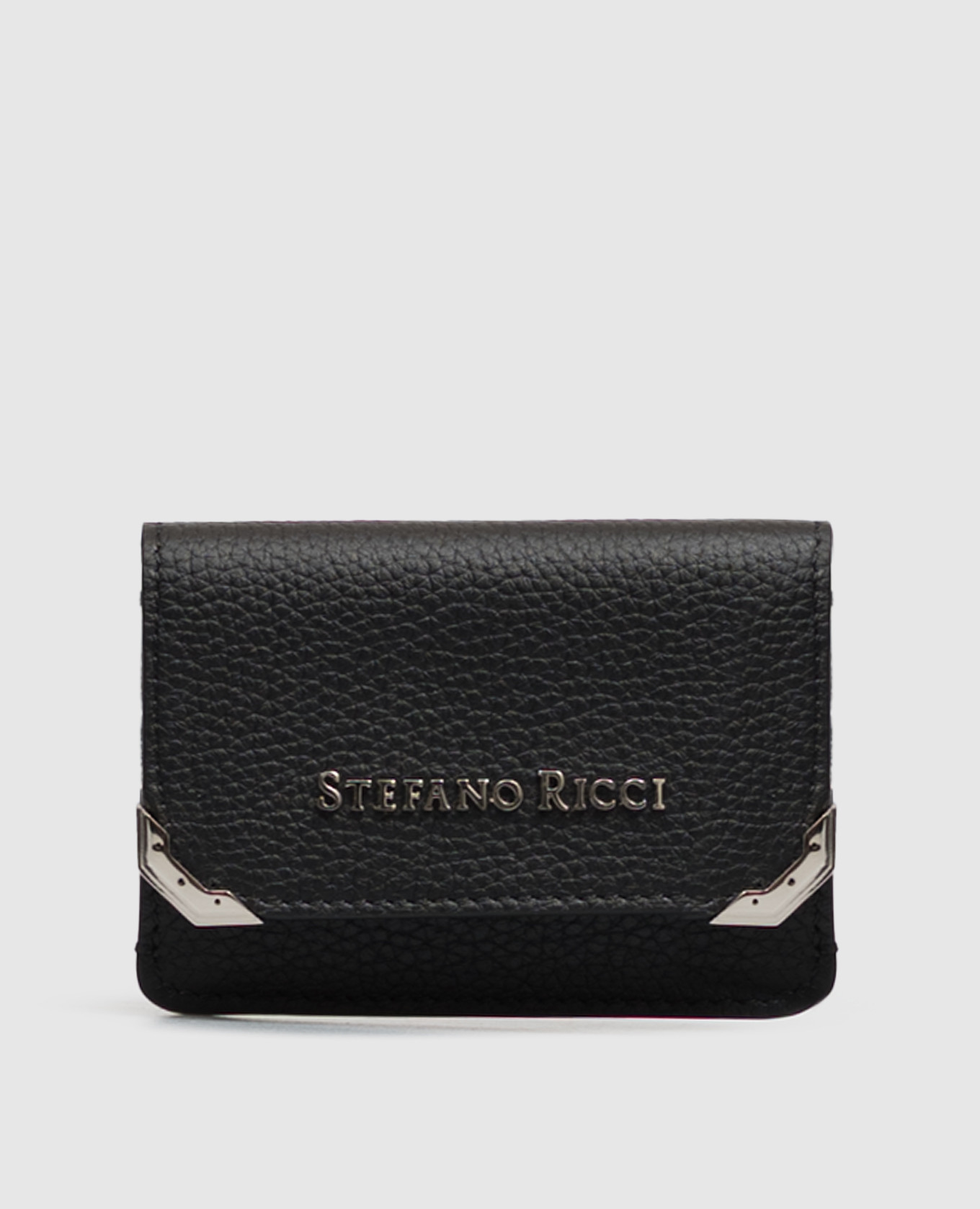Black leather cardholder with metal logo