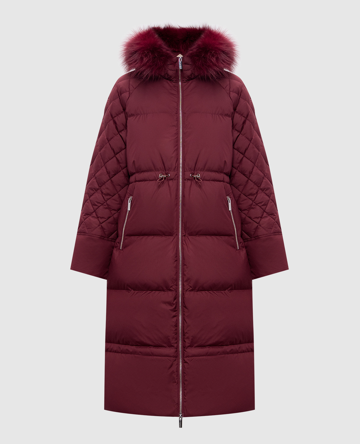 Burgundy down jacket with fox fur