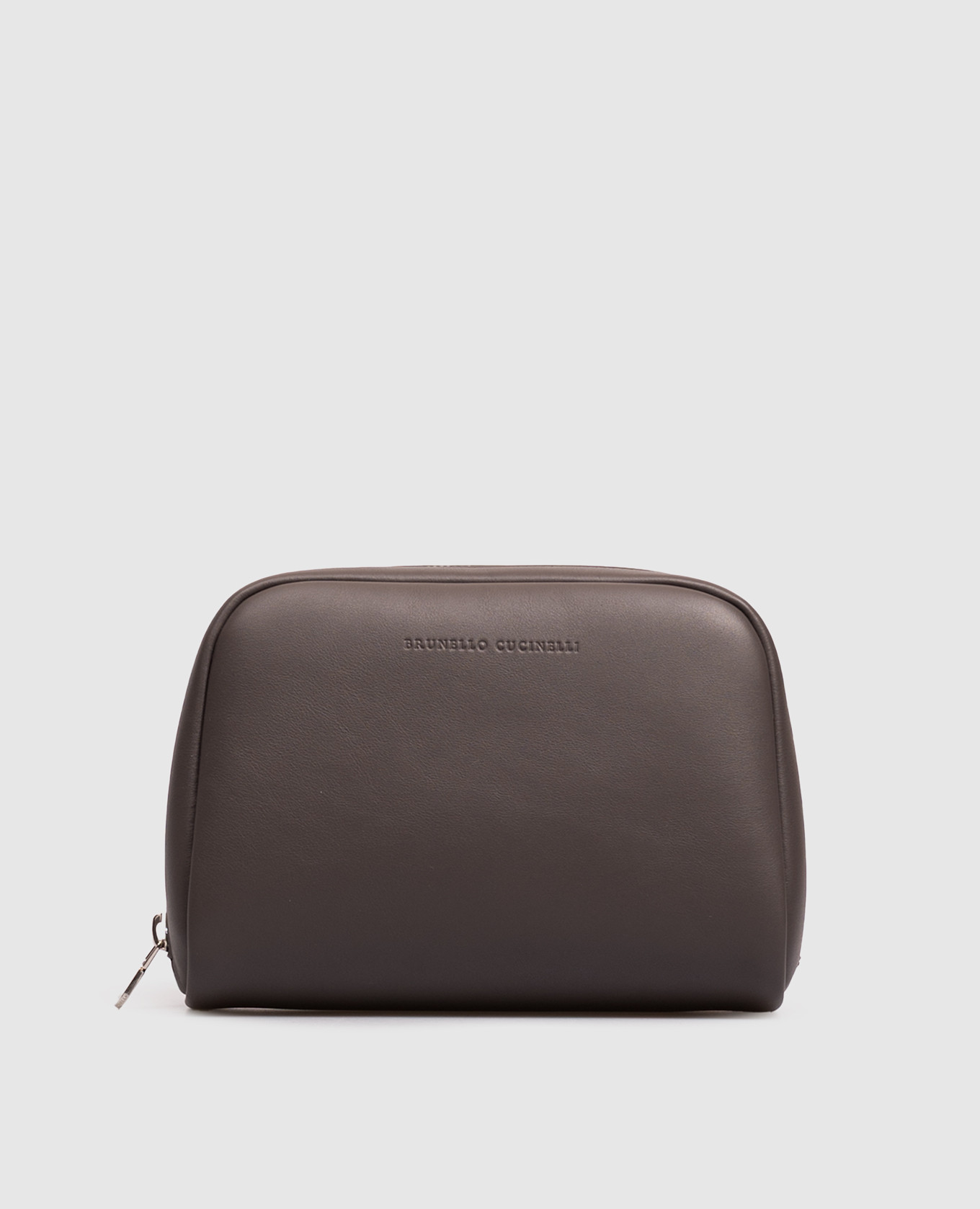 Brown leather toiletry bag with embossed logo