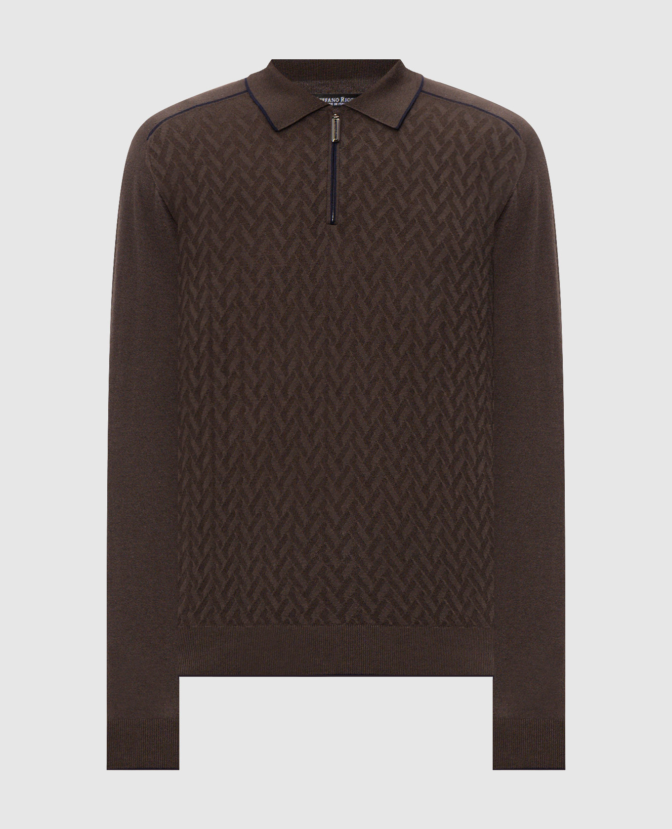 Brown cashmere and silk polo shirt with geometric pattern