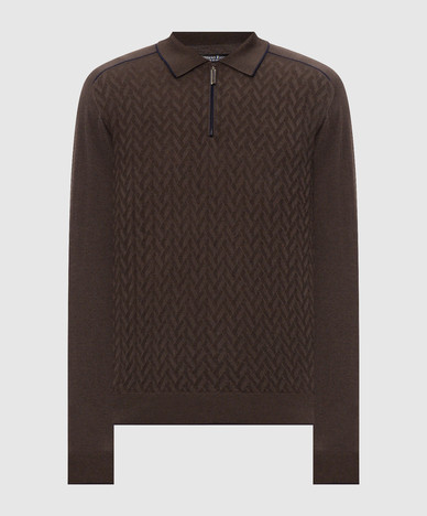 Brown cashmere and silk polo shirt with geometric pattern
