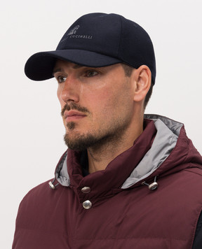 Brunello Cucinelli Blue wool cap with embroidered emblem and logo M038P9850