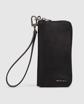 Kiton Black leather wallet with textured logo UPEA018N01269