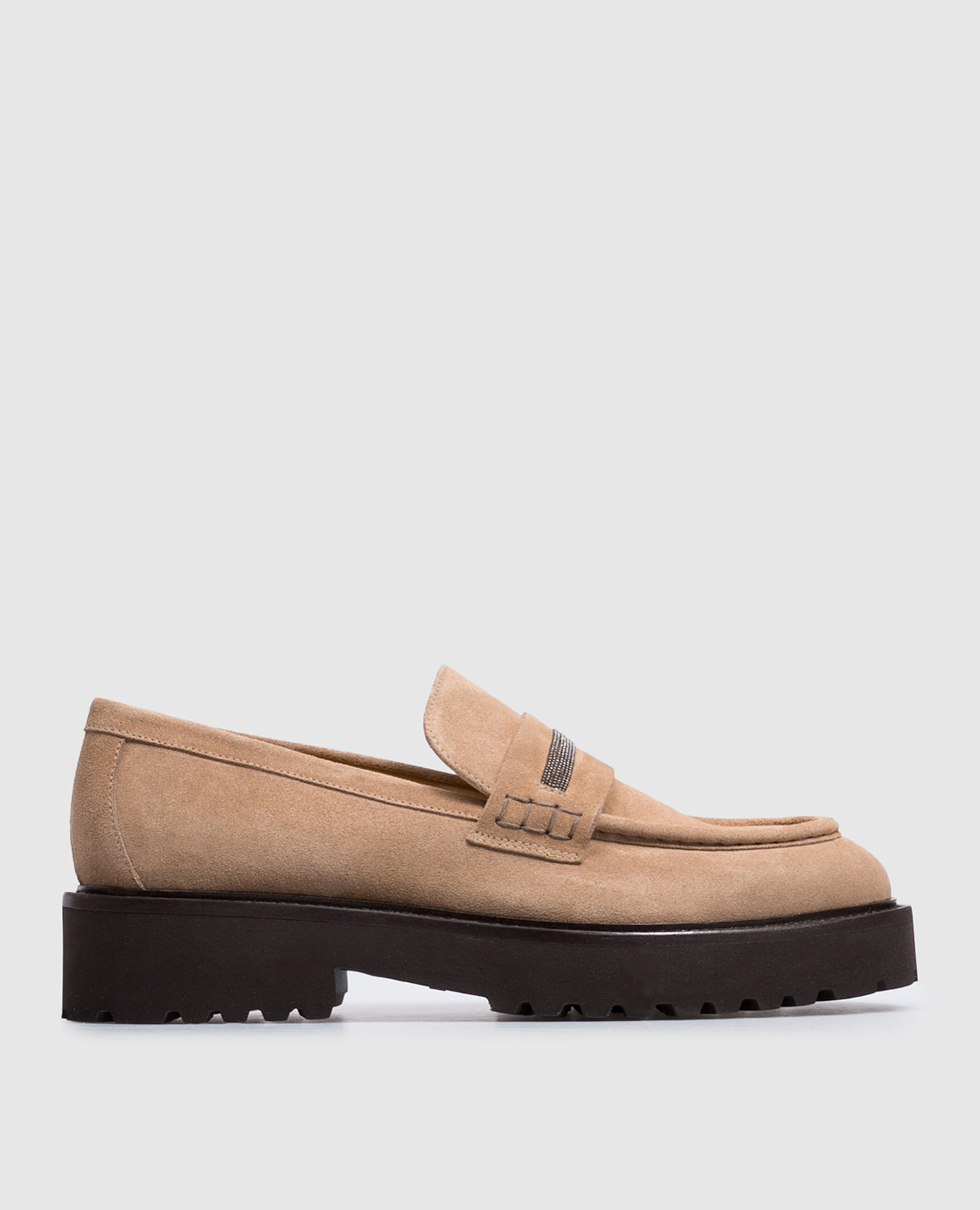 Brown suede loafers with monil chain