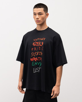 Vetements Black T-shirt with printed lettering and embroidered logo ME76TR196BXm
