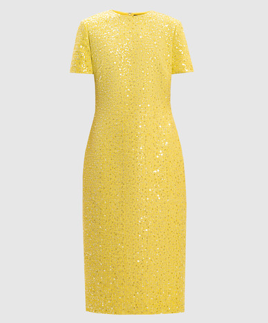 Gele tweed kokerjurk met pailletten