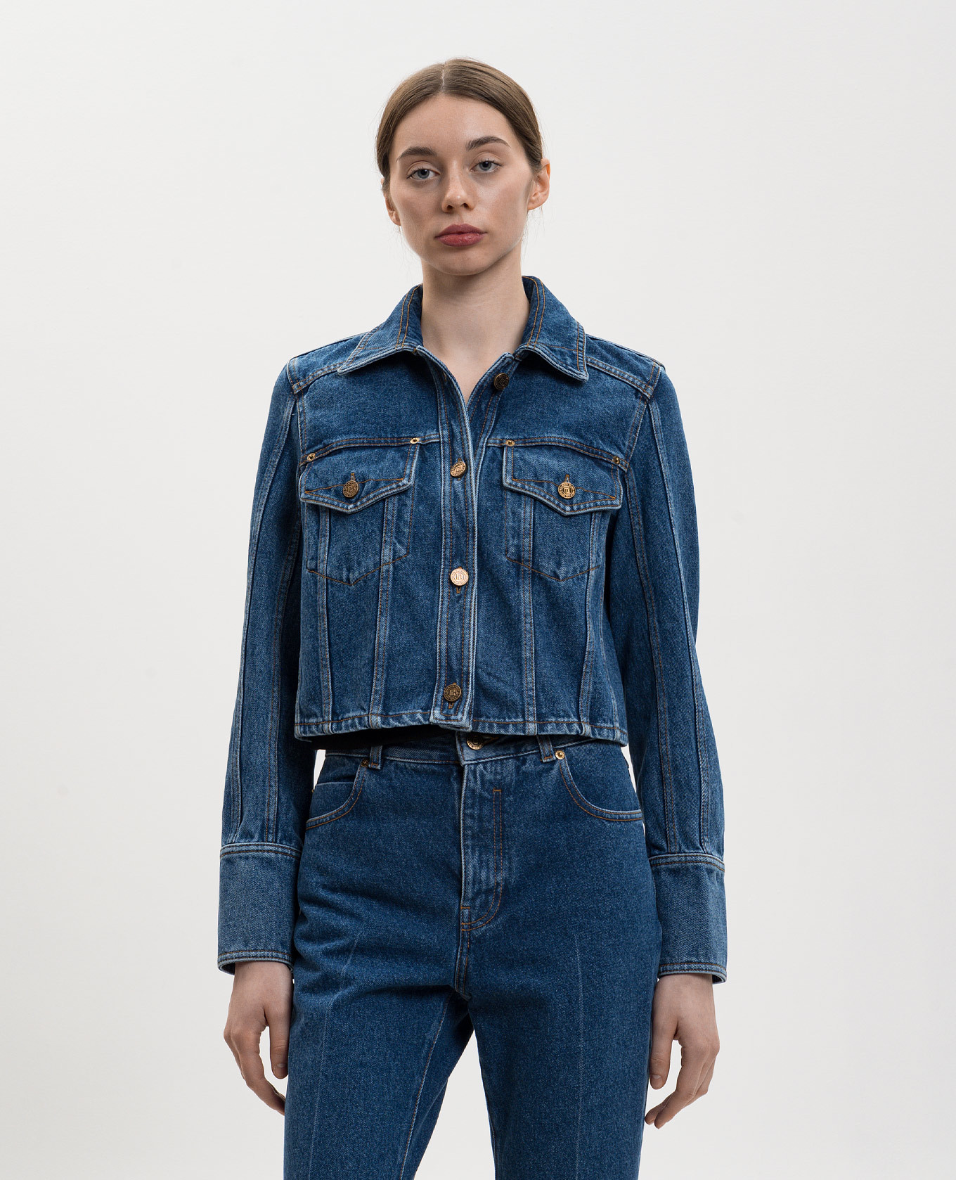 

Blue denim cropped jacket Balmain