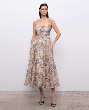 Nissa Beige linen and silk midi dress RC16502
