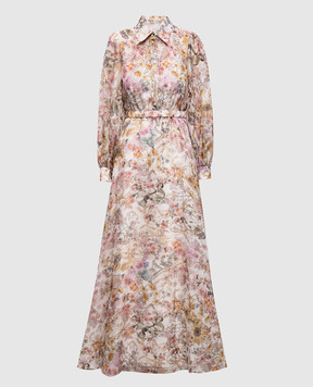 Nissa Beige linen and silk dress with floral print RC16550