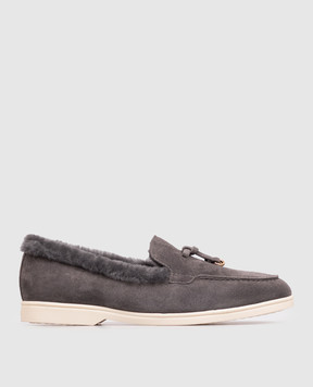 Doucal's Gray suede loafers with fur trim DD8920JOANUM252