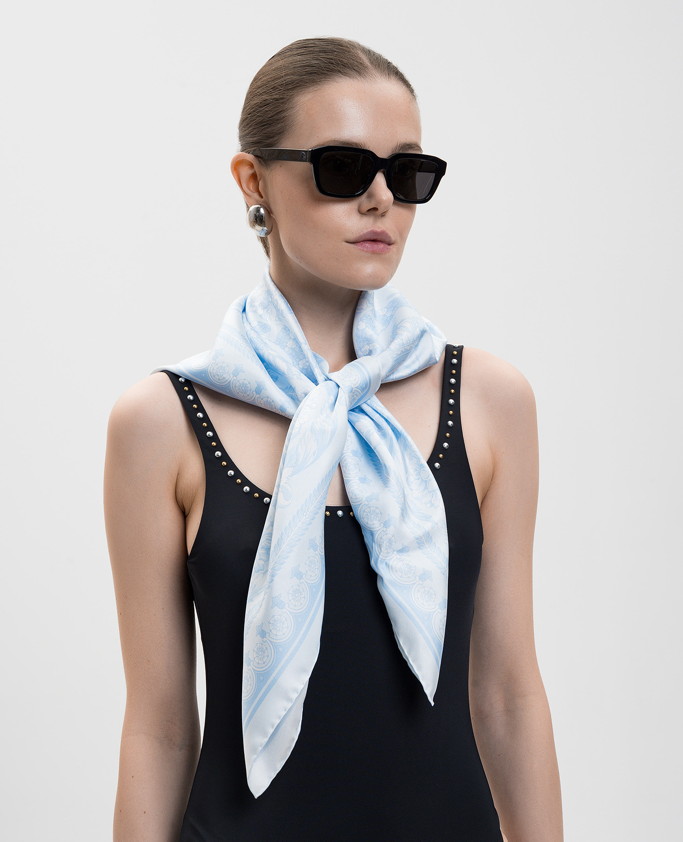 

Blue silk scarf with branded print Versace, Light blue