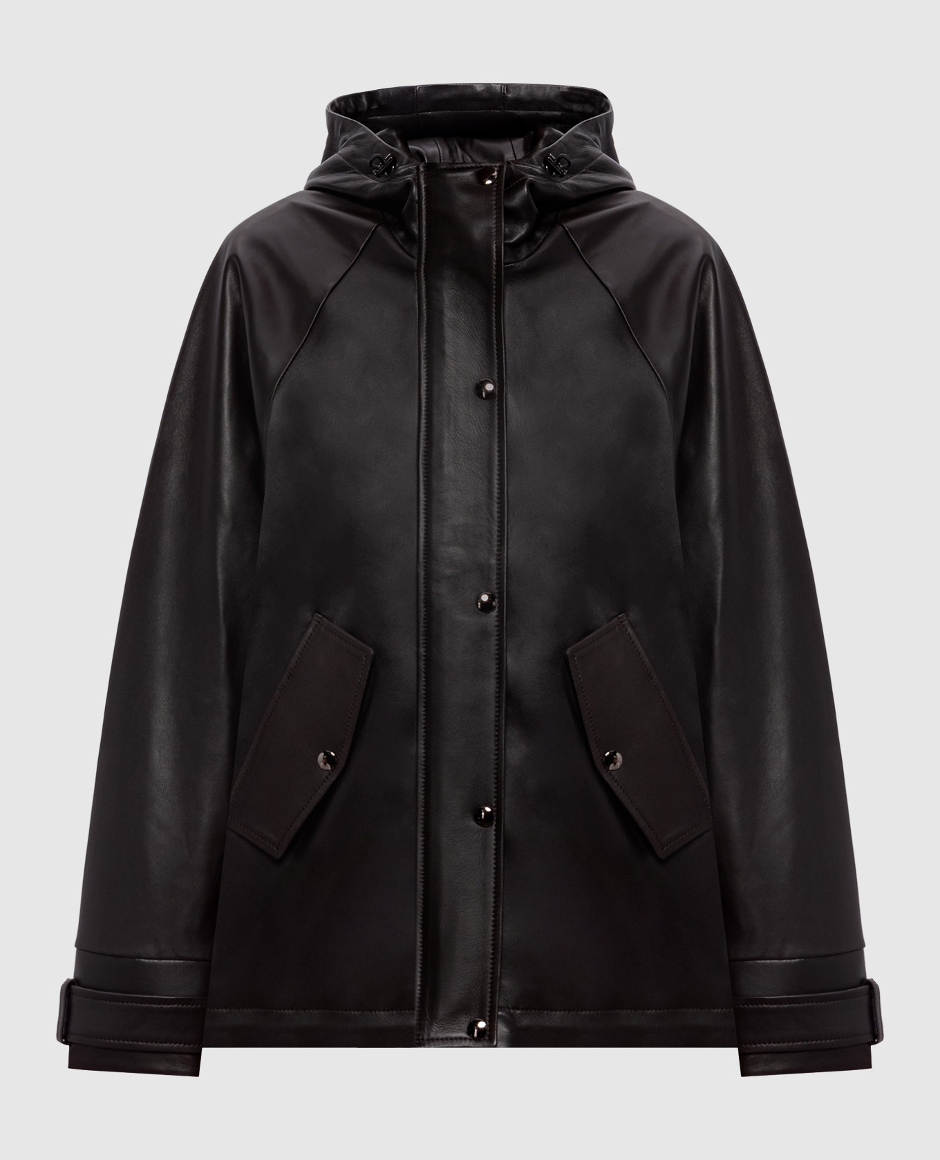 Dark brown leather jacket with hood