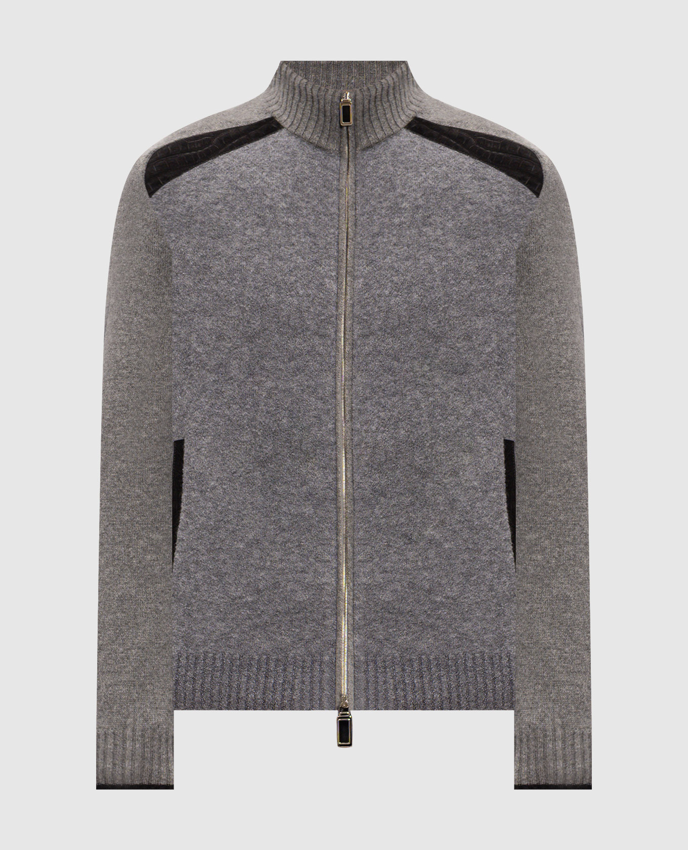 Grey cashmere and silk cardigan with crocodile leather