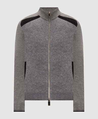 Grey cashmere and silk cardigan with crocodile leather