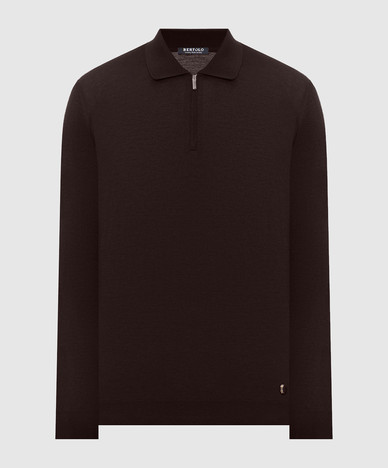 Brown wool and silk polo shirt with zipper