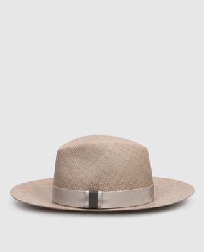 Brunello Cucinelli Khaki straw fedora hat with monil chain MCAP90019