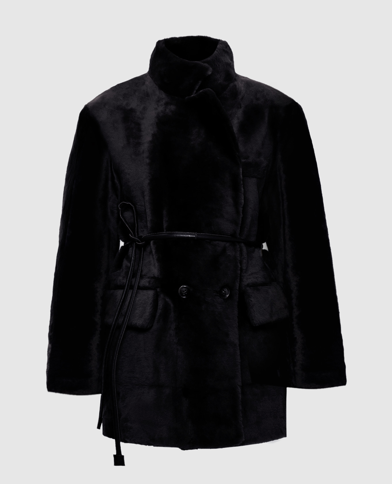 Black double-breasted sheepskin coat with belt