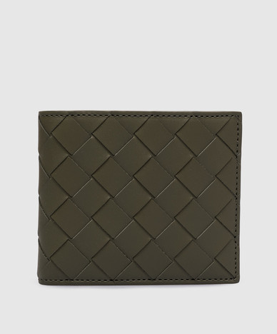 Portefeuille à deux volets en cuir intrecciato kaki