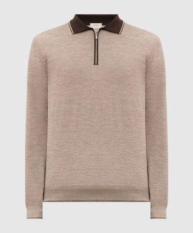 Beige wool, silk and cashmere polo shirt