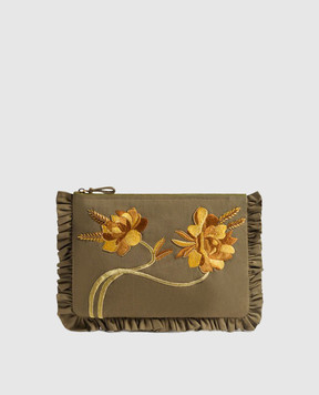 La DoubleJ Khaki clutch with floral embroidery BAG0098COT089SOLID