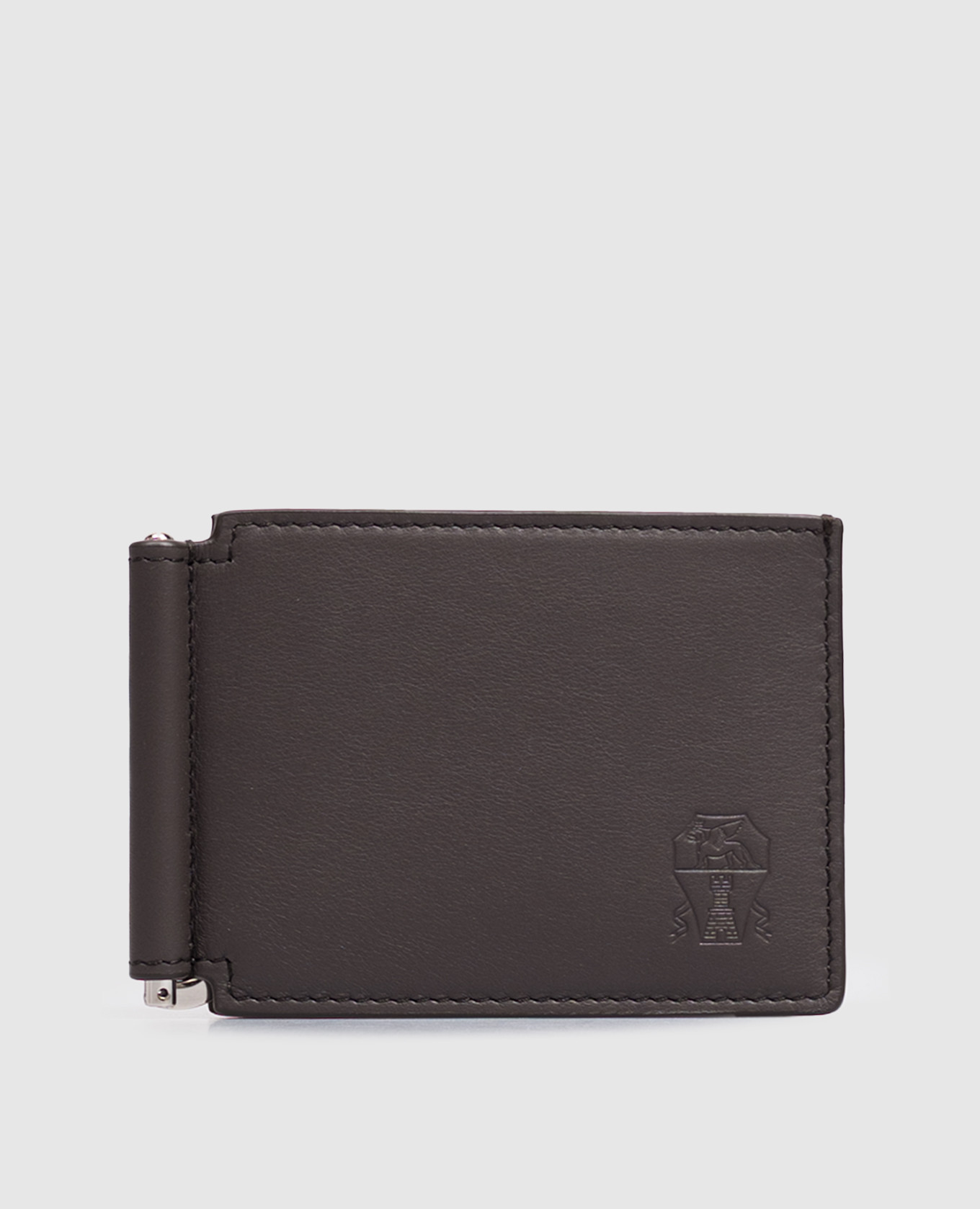 Brown wallet with embossed logo bill clip