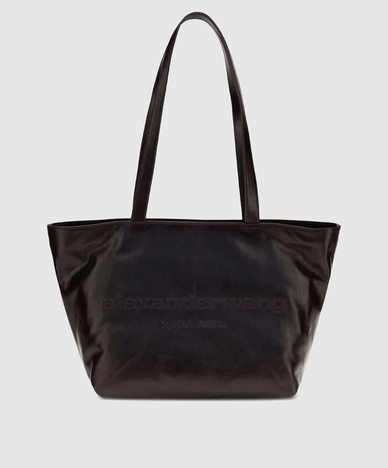 Burgundy leather tote bag with textured logo