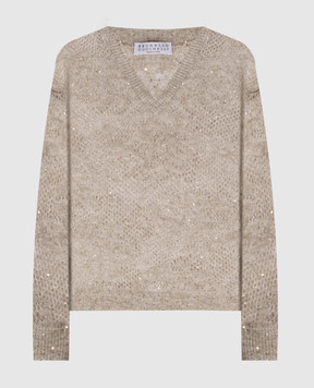 Brunello Cucinelli Gray openwork pullover with sequins MFA790102